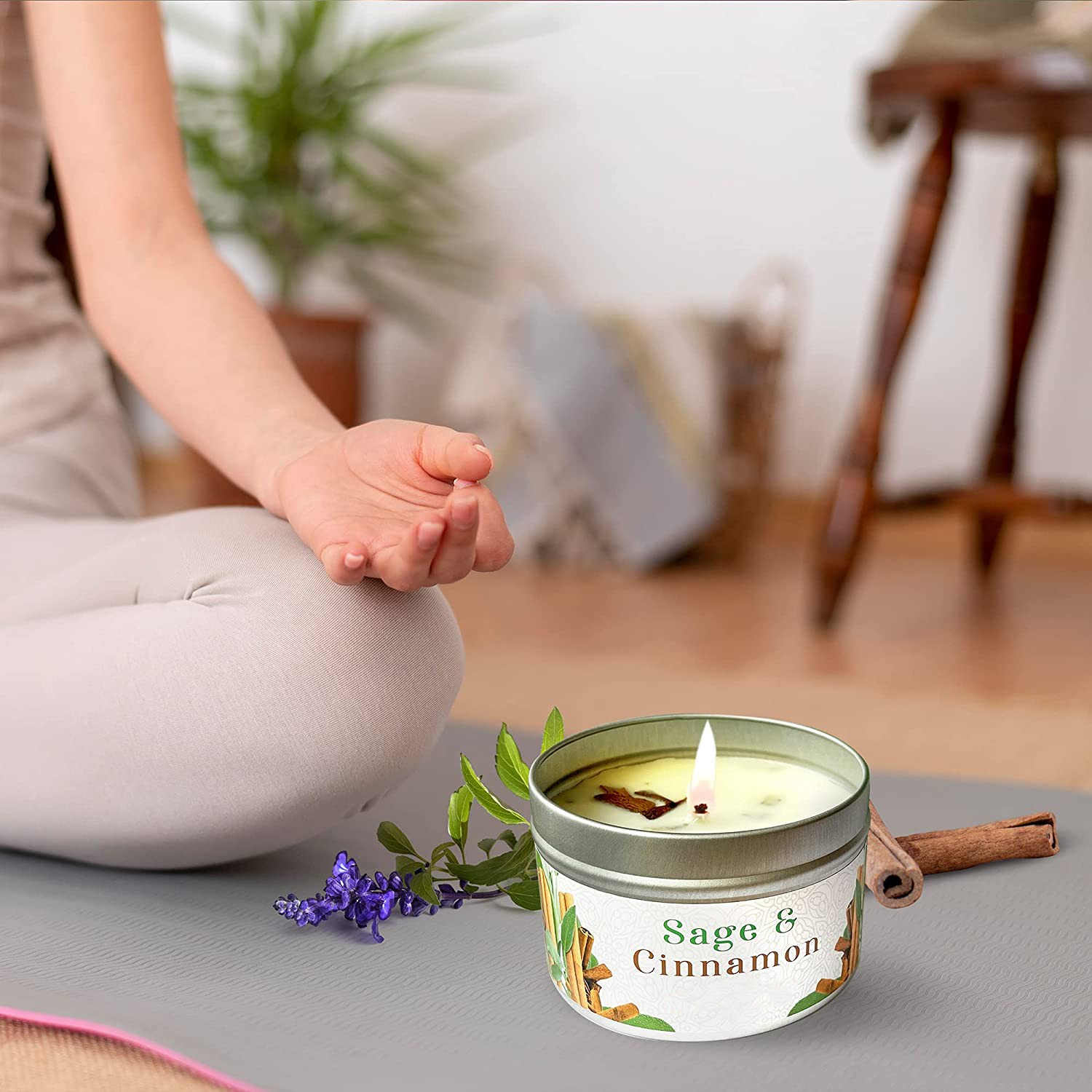 Scented Candle with Sage and Cinnamon for Home Blessing and Energy with Soy Wax for Purification, Meditation - Chakra Candles - Sage and Cinnamon Candle - Candle Wax - Aromatherapy Candle