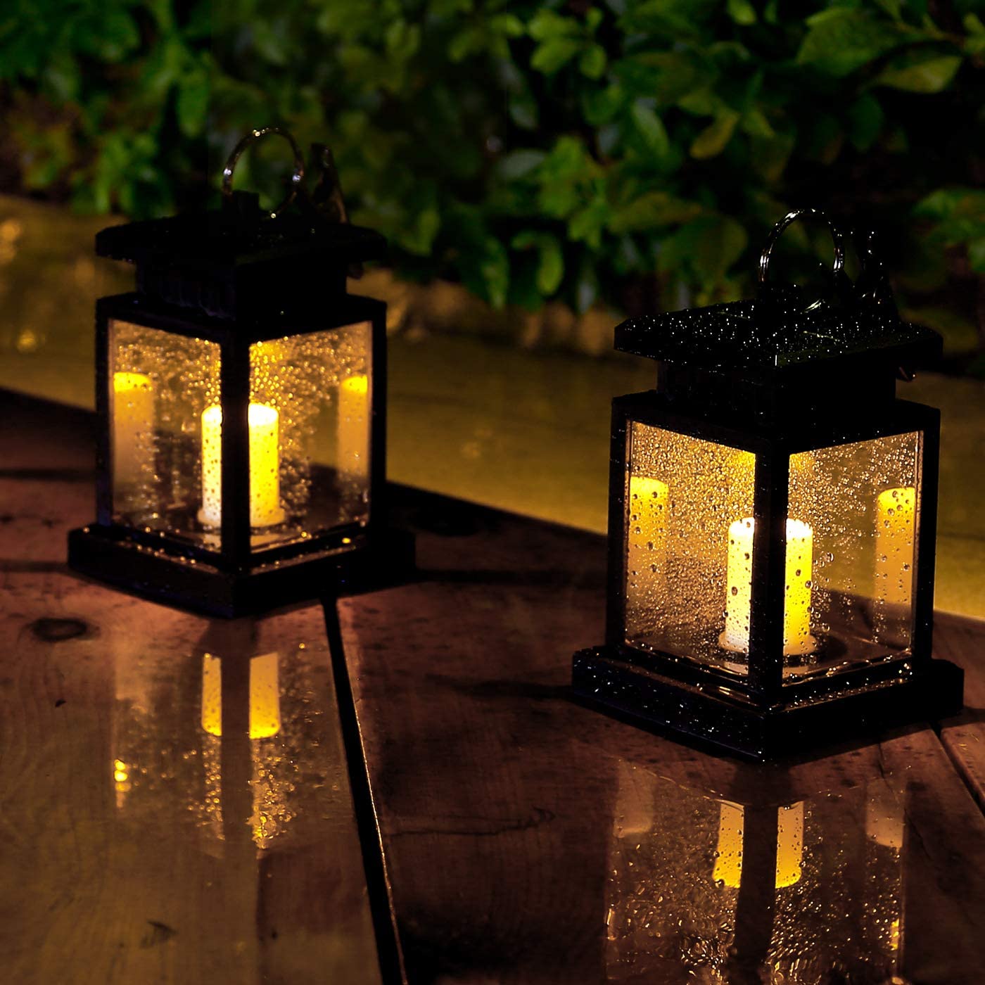 Solar Lanterns Garden Candle Lights Hanging with LED Flickering Flame, 2Pcs Outdoor Lantern Light Waterproof for Christmas Decoration and Party